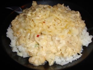 White chicken chili with pepper jack chees over white rice 