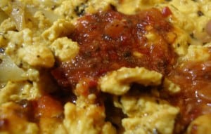 scrambled tofu & hot sauce closeup