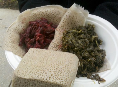 Beets and collard greens atop Ethiopian injera bread, from the Fojol Brothers' new Benethiopia food truck in Washington, D.C. Photo by Amanda Bensen.