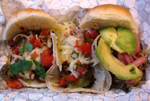 chili slider, short rib taco, pulled pork slider (left to right)