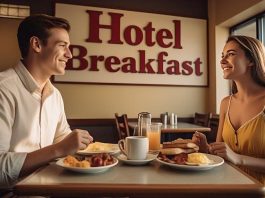 couple at a hotel breakfast service