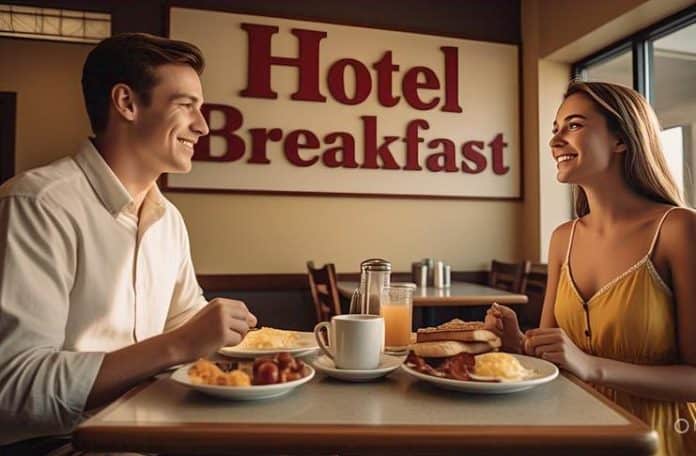 couple at a hotel breakfast service
