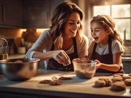 mom and daughter baking cookies