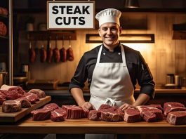 a butcher showing the different steak cuts