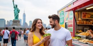 A Dietitian’s Guide to the Best Street Food for Every Diet: Keto, Vegan, Low-Sodium, and More couple eating street food in NYC