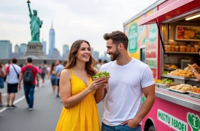 couple eating street food in NYC