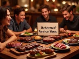 guys at restaurant eating american wagyu meat