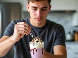 guy adding thc drops to a milkshake drink