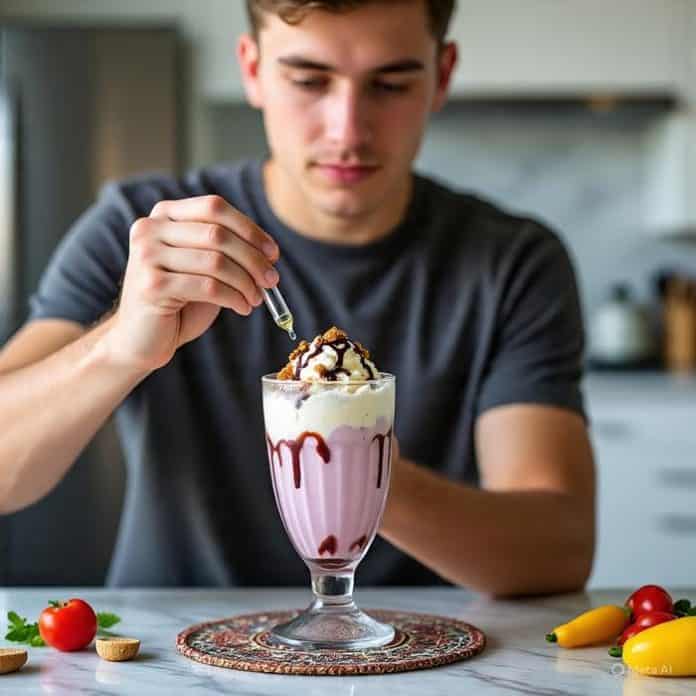 guy adding thc drops to a milkshake drink
