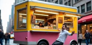 Sticky Sidewalks & Slippery Tastes: A Street-Food Lover’s Guide to Staying Safe (And What To Do If You Don’t) guy slipping near food truck in NYC