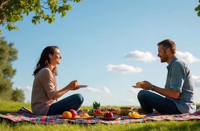 Food and Personal Renewal a couple eating food and practicing mindful eating for personal renewal