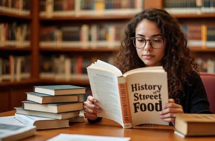 woman at new york public library reading about history of street food