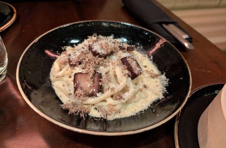 Off menu preview pork belly carbonara at lotus bar nyc