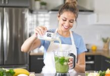 Why Smoothies, Bowls, and Snacks Benefit From a Marine Boost woman preparing smoothie with marine gel