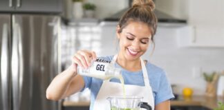 Why Smoothies, Bowls, and Snacks Benefit From a Marine Boost woman preparing smoothie with marine gel