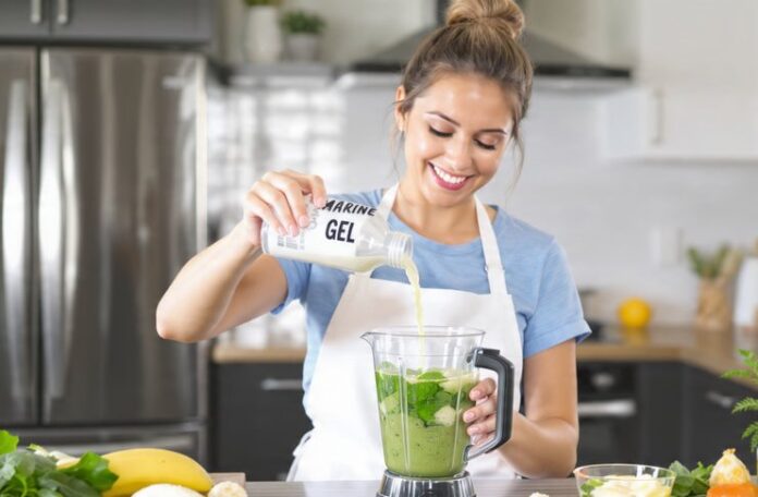 woman preparing smoothie with marine gel