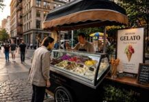 Gelato Isn’t Just Dessert Anymore — It’s Becoming a Smart Street Food Business Model gelato cart serving colorful artisan gelato on a city street, small street food business setup