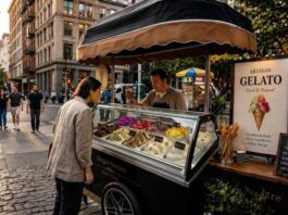 gelato cart serving colorful artisan gelato on a city street, small street food business setup