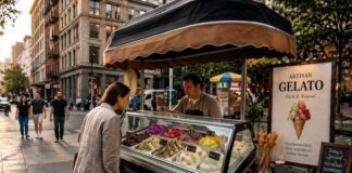 Gelato Isn’t Just Dessert Anymore — It’s Becoming a Smart Street Food Business Model gelato cart serving colorful artisan gelato on a city street, small street food business setup