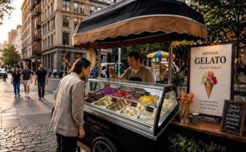 Gelato Isn’t Just Dessert Anymore — It’s Becoming a Smart Street Food Business Model gelato cart serving colorful artisan gelato on a city street, small street food business setup