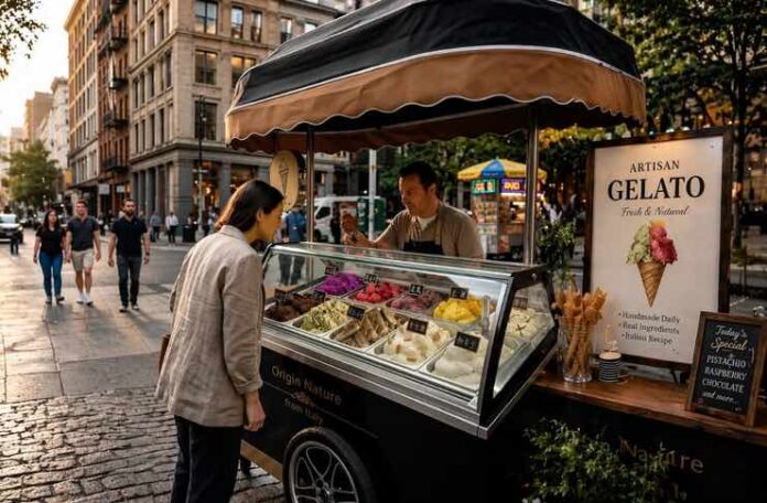 gelato cart serving colorful artisan gelato on a city street, small street food business setup