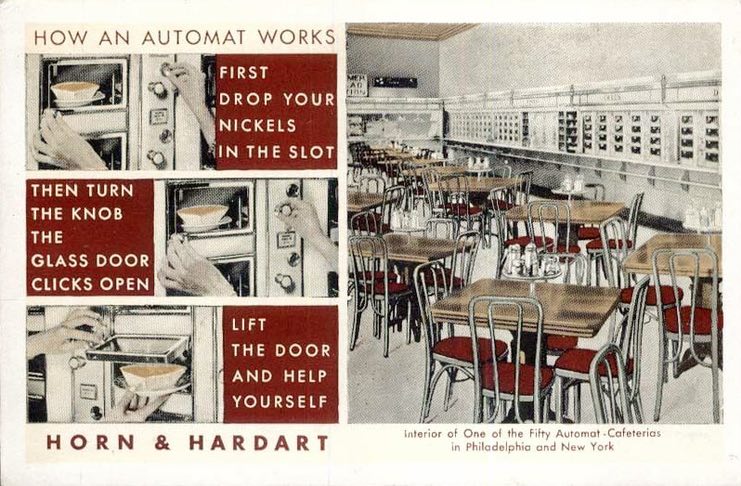 The Automat: How A Handful Of Coins Built New York's Most Modern Restaurant A postcard explaining how food was served in an Automat in the 30s