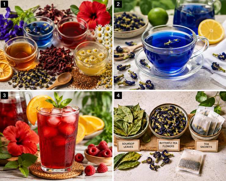 A Food Lover's Guide To Colorful Caffeine-Free Botanical Teas A colorful selection of caffeine-free botanical teas, including butterfly pea, hibiscus, rooibos, and chamomile.